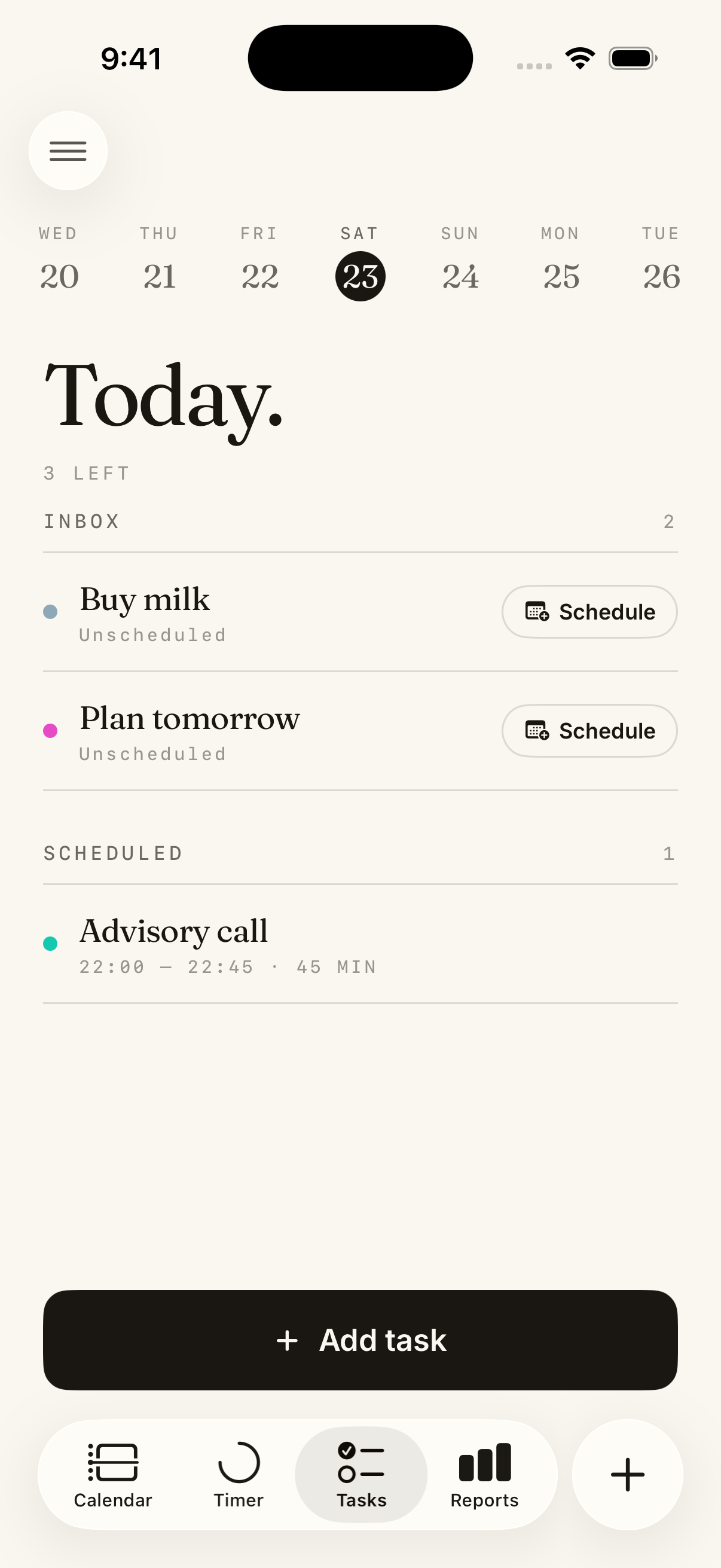Calume tasks view with scheduled tasks