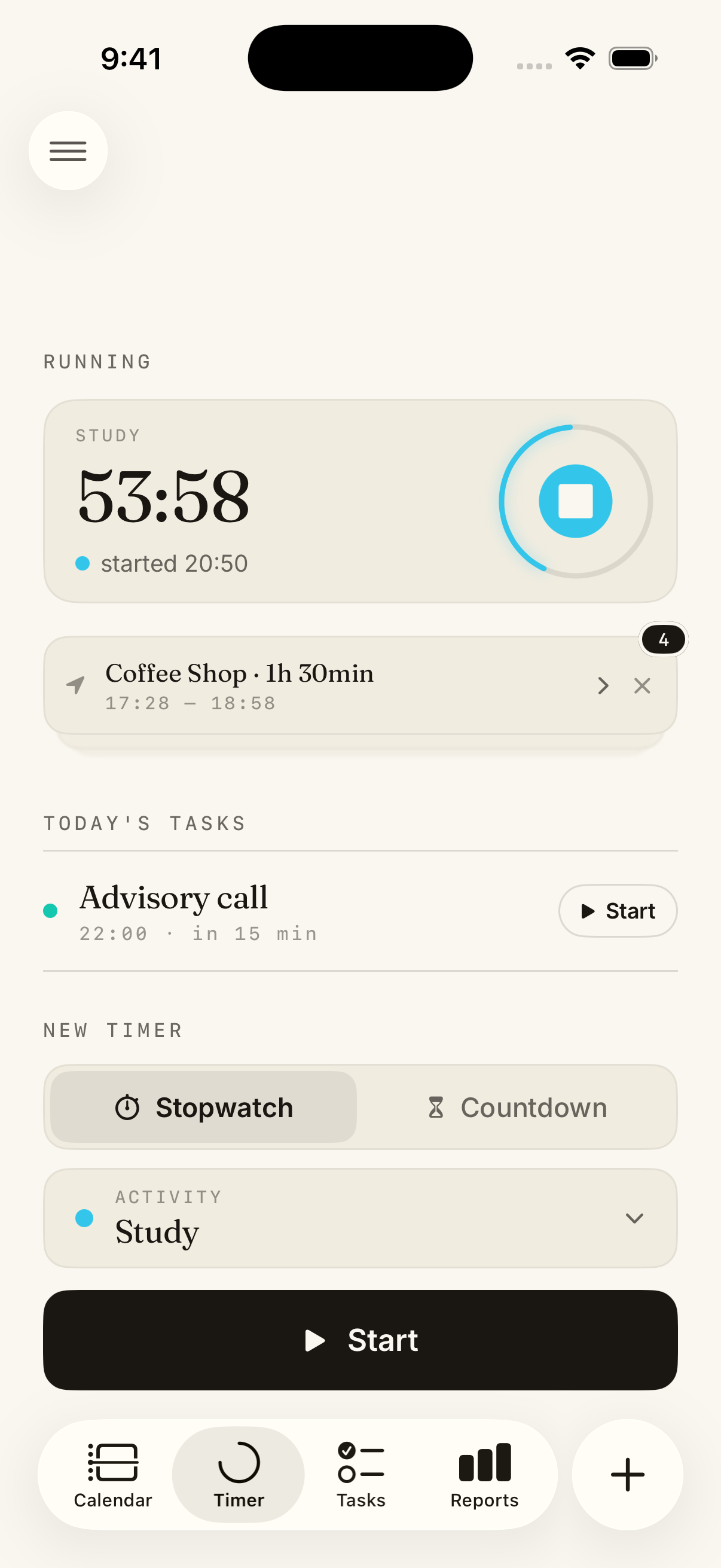 Calume timer screen with activity list